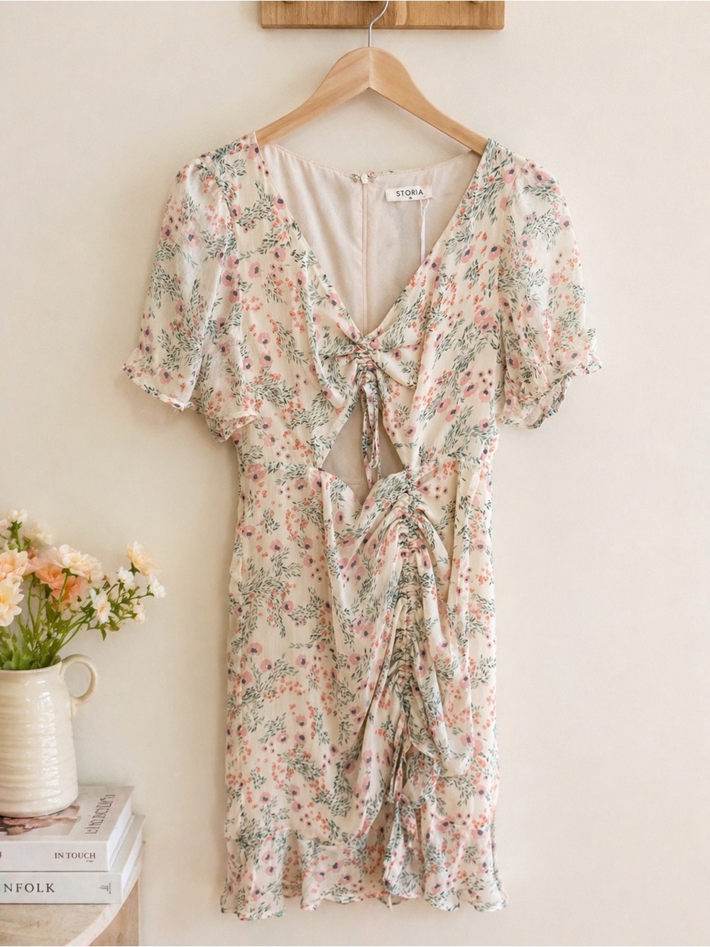 STORIA Cream Floral Tie-Front Mini Dress